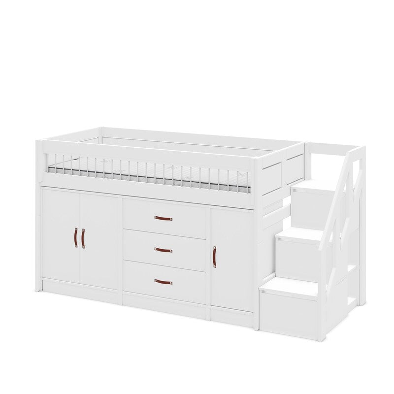 LIFETIME halbhohes Bett mit Treppe und Schränken ALL-IN-ONE, Höhe 128cm in 90x200cm in weiß oder white wash