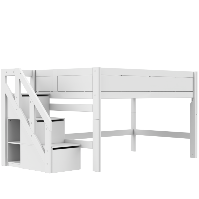 LIFETIME Original Halbhohes Bett mit Treppe in 120x200cm in weiß oder white wash