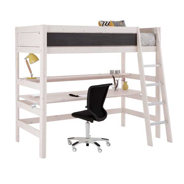 LIFETIME Hochbett XL mit Schreibtischplatte und Regal mit schräger Leiter in weiß oder white wash