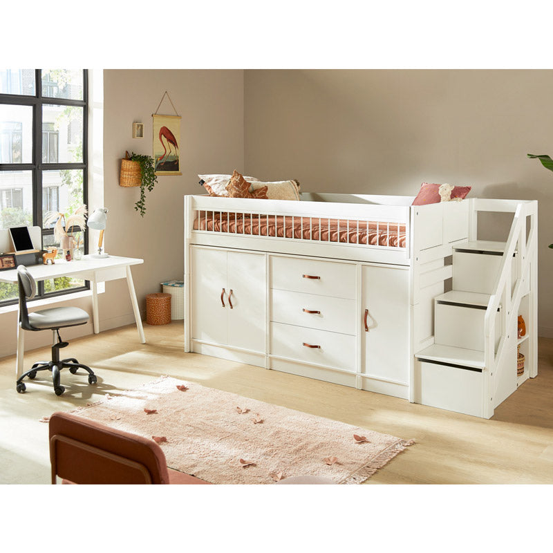 LIFETIME halbhohes Bett mit Treppe und Schränken ALL-IN-ONE, Höhe 128cm in 90x200cm in weiß oder white wash