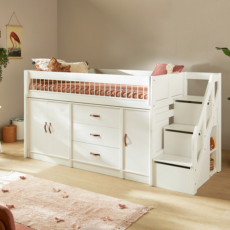 LIFETIME halbhohes Bett mit Treppe und Schränken ALL-IN-ONE, Höhe 128cm in 90x200cm in weiß oder white wash