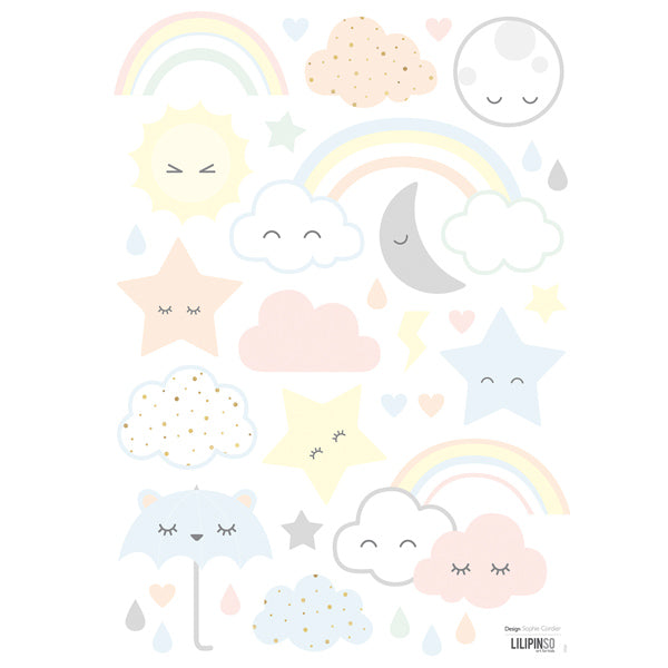 Lilipinso Wandsticker A3 in weiß mit Wolken, Sternen und Regenbogen in Pastellfarben