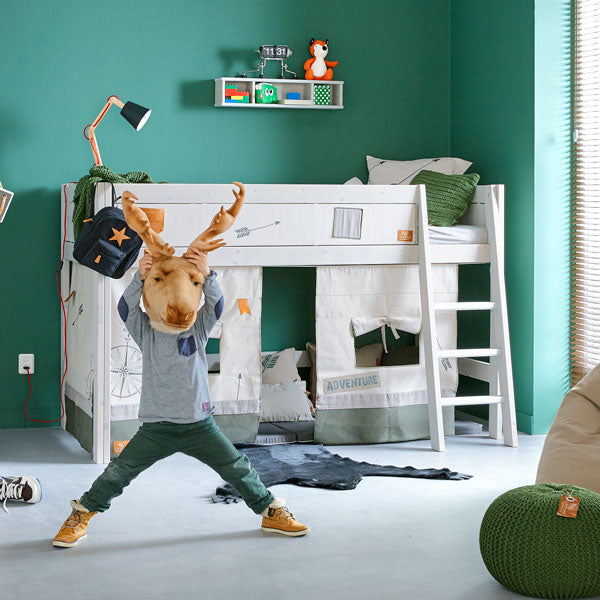 LIFETIME halbhohes Bett 128cm in weiß oder white wash  - Leiter gerade oder schräg