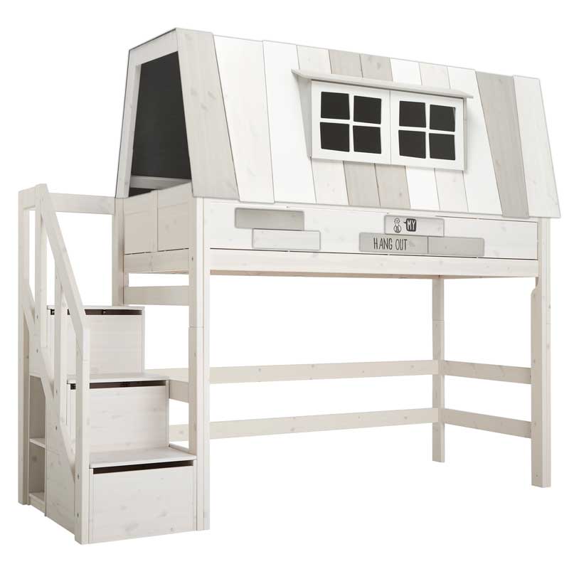 LIFETIME mittelhohes Abenteuerbett Hangout mit Treppe in weiß oder white wash