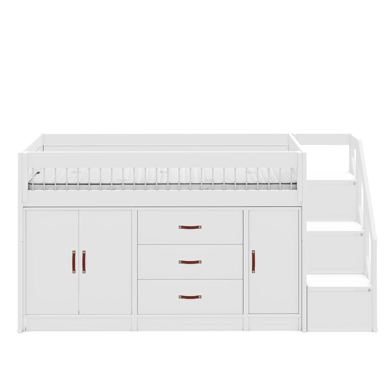LIFETIME halbhohes Bett mit Treppe und Schränken ALL-IN-ONE, Höhe 128cm in 90x200cm in weiß oder white wash