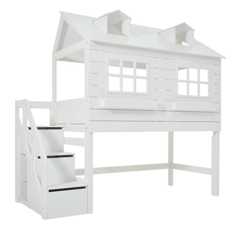LIFETIME halbhohes Hüttenbett Lakehouse mit seitlicher Treppe in 90x200cm in weiß