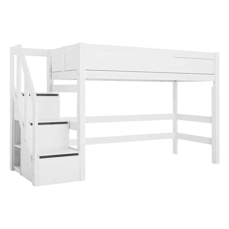 LIFETIME mittleres Hochbett Höhe 152cm mit Treppe in 90x200cm in weiß oder white wash