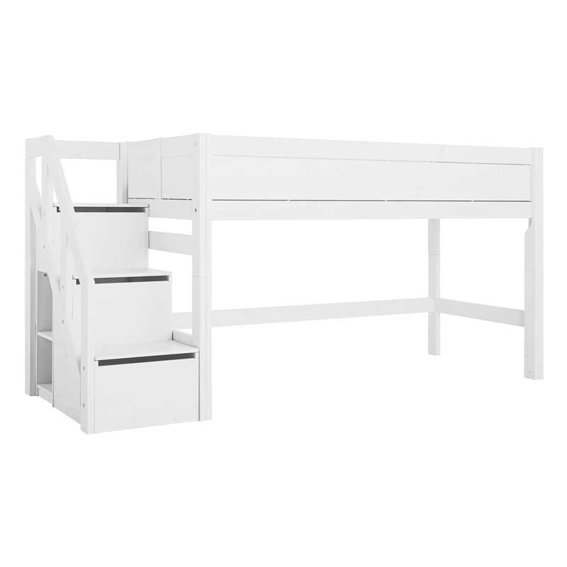 LIFETIME halbhohes Bett mit Treppe, Höhe 128cm in 90x200cm in white wash oder weiß
