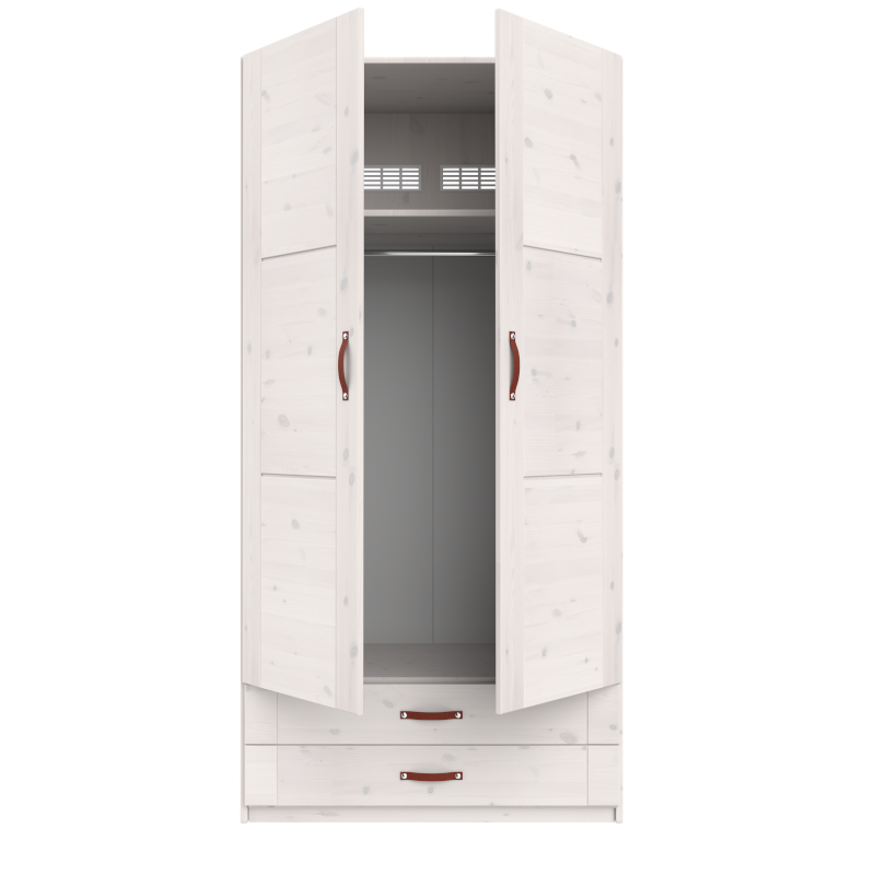 LIFETIME 2-türiger Kleiderschrank mit 2 Böden und 2 Schubladen in weiß oder white wash - 100x201,5cm - Griffe wählbar