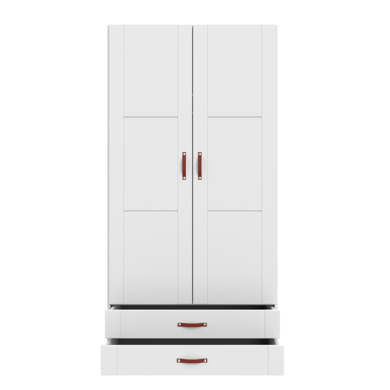 LIFETIME 2-türiger Kleiderschrank mit 2 Böden und 2 Schubladen in weiß oder white wash - 100x201,5cm - Griffe wählbar