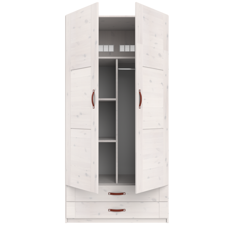 LIFETIME 2-türiger Kleiderschrank mit 2 Schubladen und einer Trennwand in weiß oder white wash - 100x201,5cm - Griffe wählbar