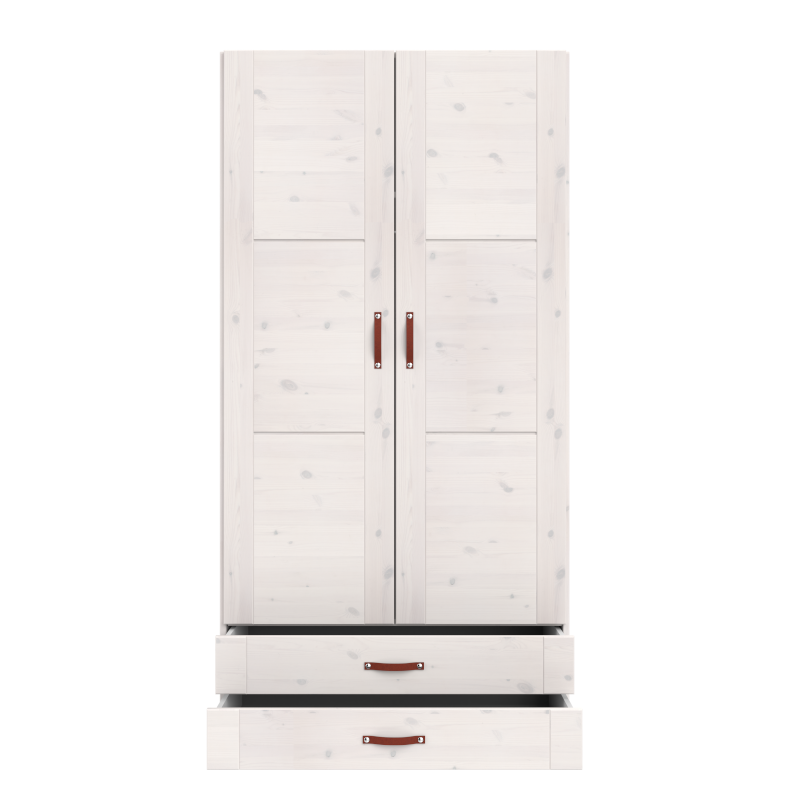 LIFETIME 2-türiger Kleiderschrank mit 2 Schubladen und einer Trennwand in weiß oder white wash - 100x201,5cm - Griffe wählbar