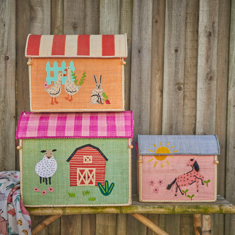 Rice Spielzeugkorb Größe L Bauernhof in grün/pink