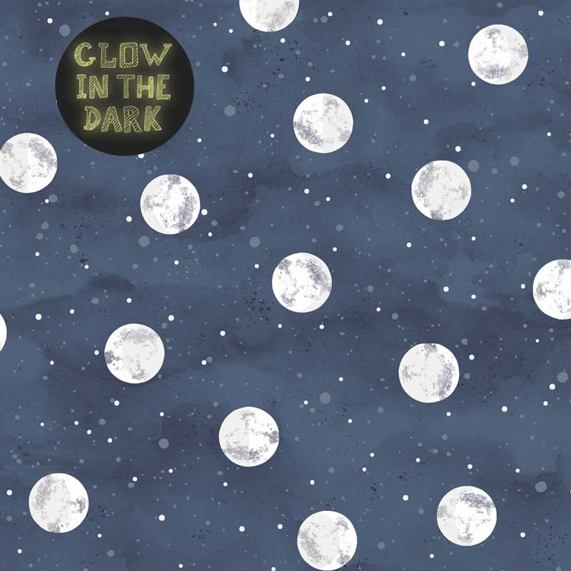 Eijffinger Mini Me nachtleuchtende Vliesapete Mond in dunkelblau-weiß-silber