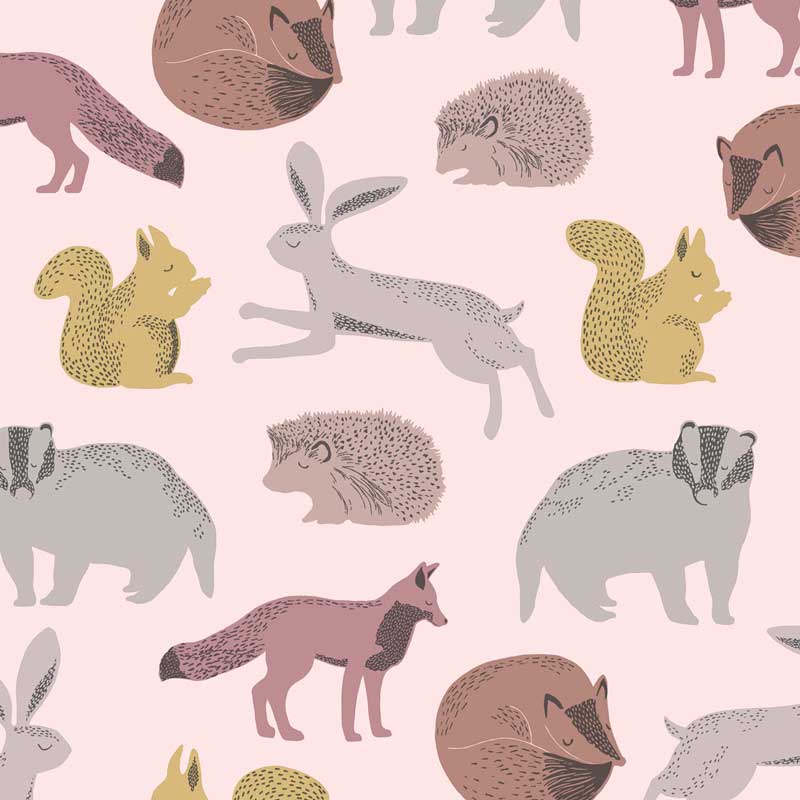 Eijffinger Mini Me Vliesapete Waldtiere in rosa-senfgelb-mauve
