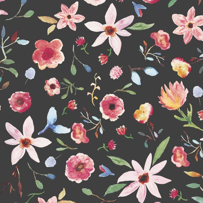Eijffinger Rice "Everyday Magic two" Tapete schwarz mit Aquarell-Blumen mehrfarbig