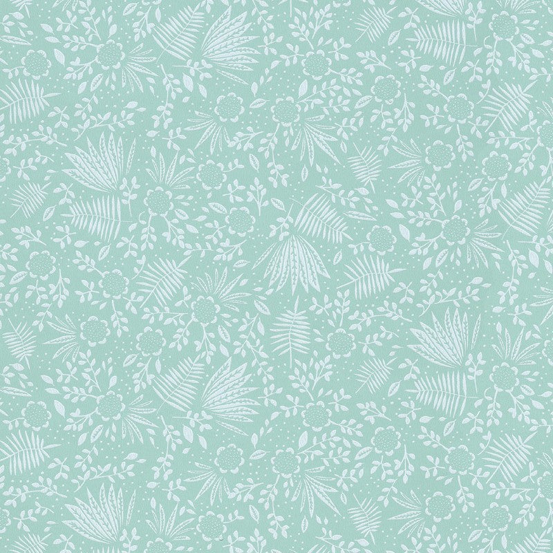 Eijffinger Rice "Everyday Magic two" Tapete blau/grün mit zartem Blumen-Blätter-Muster creme/weiß