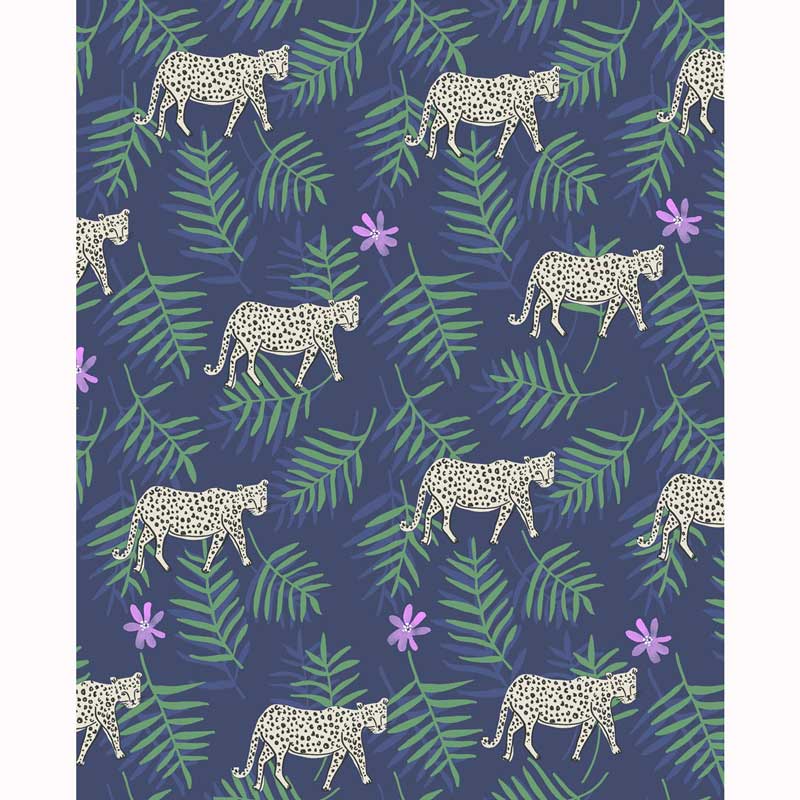 Eijffinger Rice "Everyday Magic two" Tapete blau mit Dschungel-Leoparden-Muster