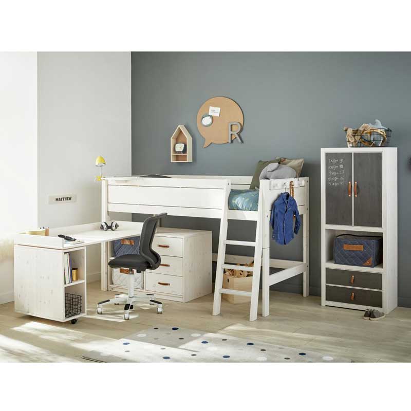 LIFETIME halbhohes Bett 128cm in weiß oder white wash  - Leiter gerade oder schräg