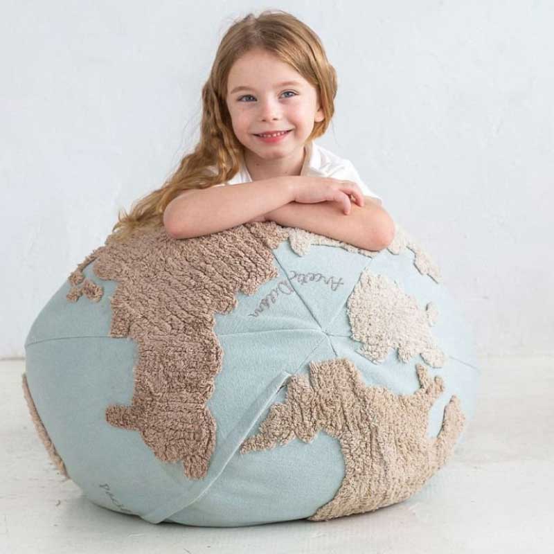 Lorena Canals Sitzpouf 'World Map' aus Baumwolle in blau/sand ca. Ø 50cm