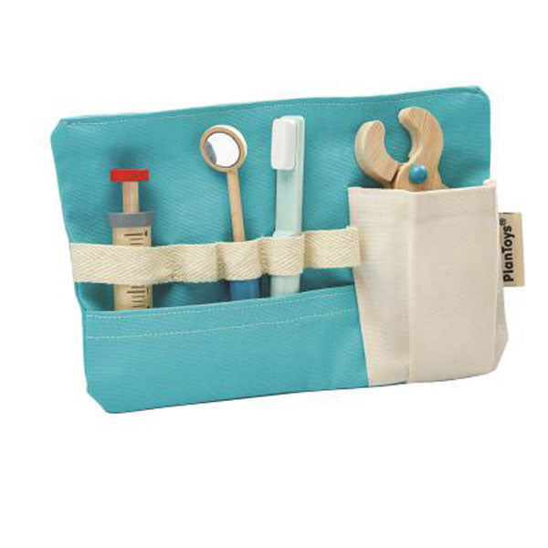 Plantoys Kinderspielzeug Zahnarzttasche mit Zubehör 10 tlg. aus Naturholz und Stoff