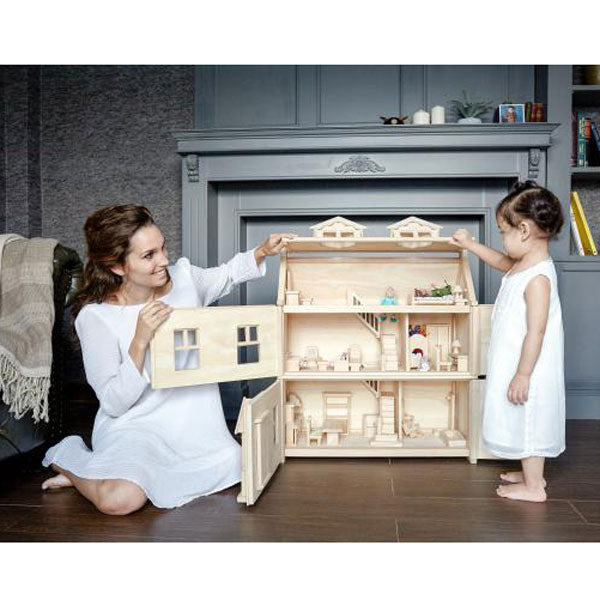 Plantoys viktorianisches XL Puppenhaus aus Naturholz in 64x73x32cm