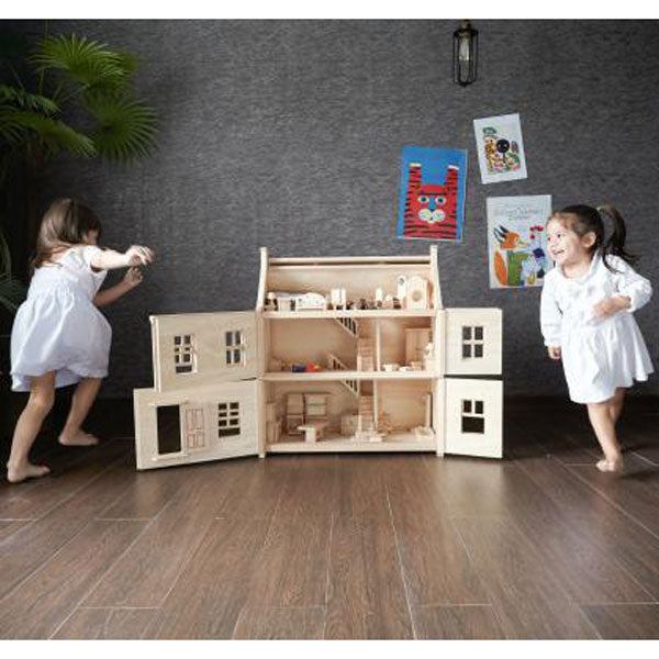 Plantoys viktorianisches XL Puppenhaus aus Naturholz in 64x73x32cm
